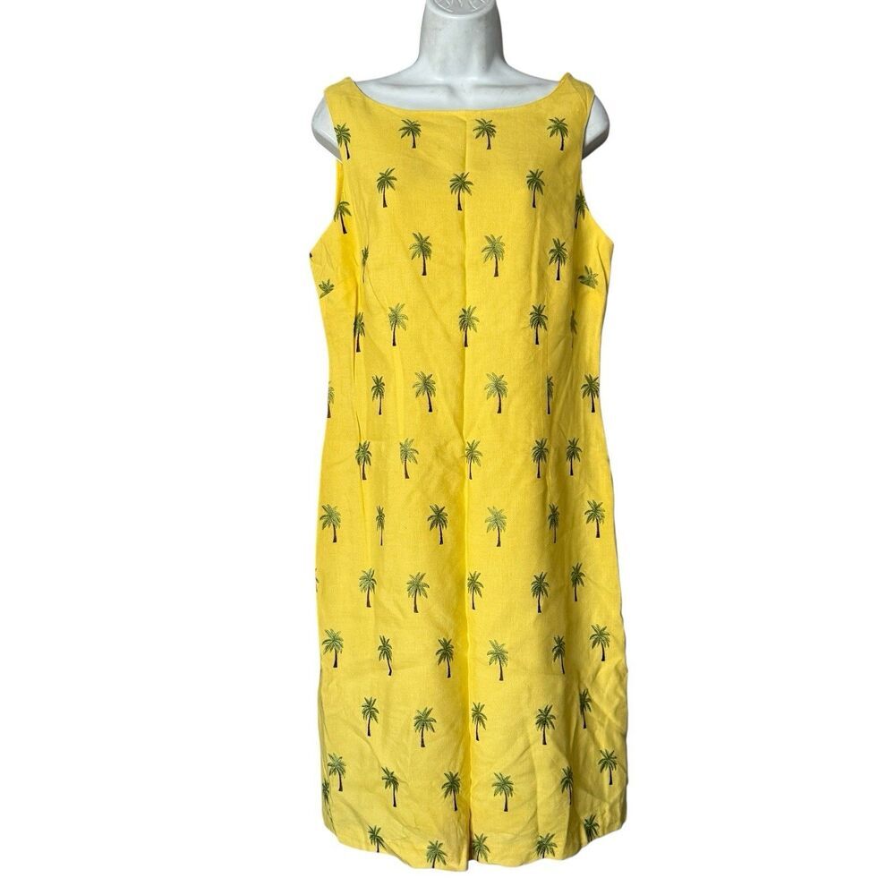 Vintage R&K Originals Midi Dress Size 12 Yellow Palm Tree Print Coastal Resort